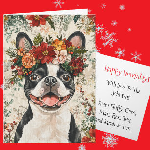 Aangepaste Boston Terrier Kerst Bloemen Kroon Feestdagen Kaart
