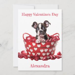 Aangepaste Boston Terrier Pup Heart Basket Valenti Feestdagenkaart