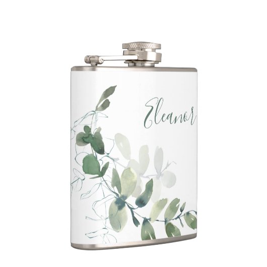 Aangepaste botanische eucalyptus boho bruidsfavori heupfles (Rechts)