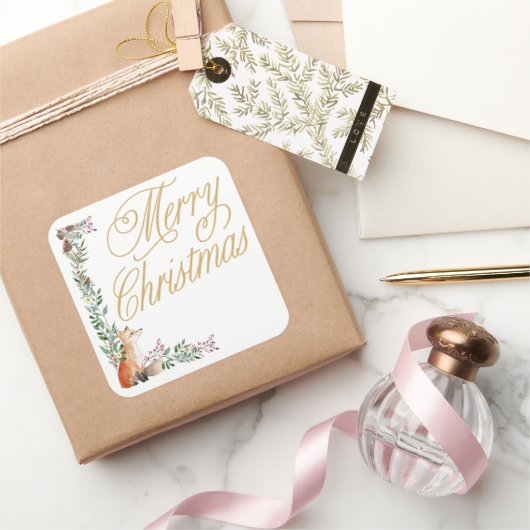 aangepaste botanische vos waterverf kerstmis vierkante sticker (Geschenken)