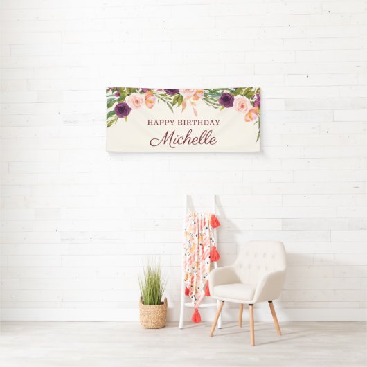 Aangepaste Bourgogne Blush Pink Floral Happy Birth Spandoek (Insitu)