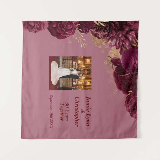 Aangepaste Bourgondische Floral bruiloft Jubileum Wandkleed (Voorkant (horizontaal))