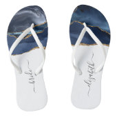 Aangepaste Bride Blue Gold Agate Wedding Teenslippers (Voetbed)