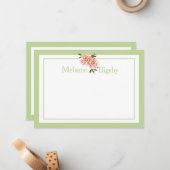 Aangepaste Briefpapier Kaarten Roze Groene Floral Notitiekaartje (Voorkant / Achterkant in situ)