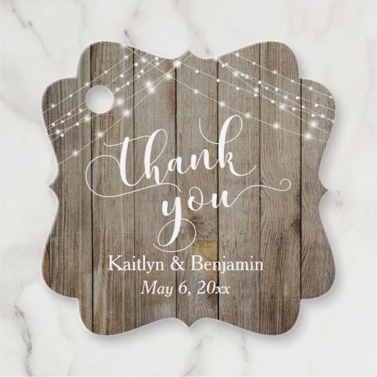 Aangepaste bruiloft Bedankt Rustic Wood & Lichten Bedankjes Labels (Voorkant)