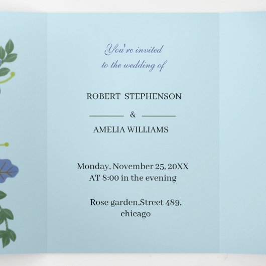 Aangepaste bruiloft Elegante Paarse Bloem Drieluik Uitnodiging (Binnenkant midden)