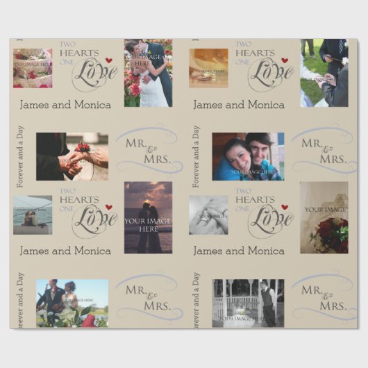 Aangepaste bruiloft foto-koulage met CustomText Cadeaupapier (Vlak)