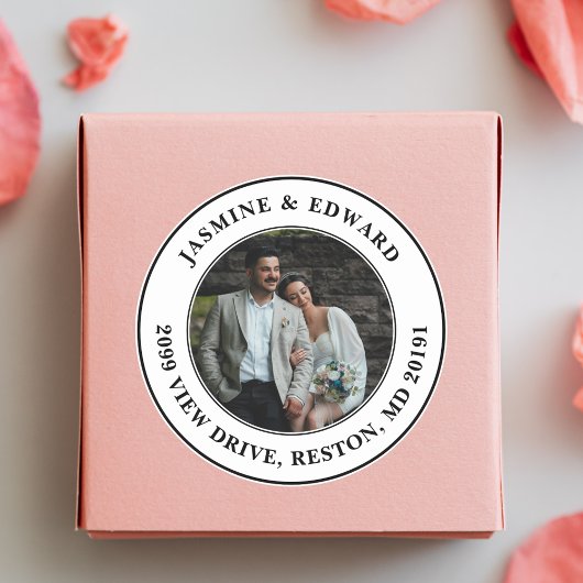 Aangepaste bruiloft foto Modern retour adres Ronde Sticker