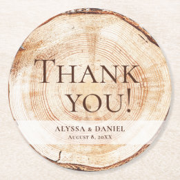 Aangepaste bruiloft gunst Dank u Wood Cut Slice Ronde Kartonnen Onderzetter