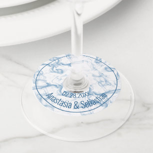 Aangepaste bruiloft Naam Datum Blauwe Rook Wijnglaslabel