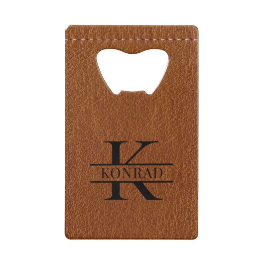 Aangepaste bruin lederen print monogram flesopener kredietkaart flessenopener (Voorkant)