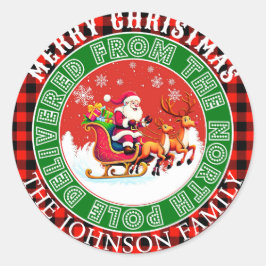 Aangepaste buffel rode plaid Merry Christmas Santa Ronde Sticker