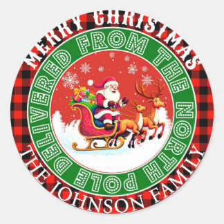 Aangepaste buffel rode plaid Merry Christmas Santa Ronde Sticker