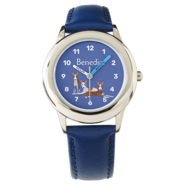 Aangepaste Cartoon Podenco Dogs Blue Horloge (Voorkant)