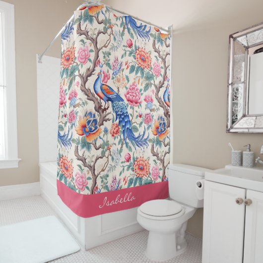 Aangepaste Chinoiserie Aziatische bloemenlandschap Douchegordijn (In situ)