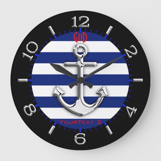 Aangepaste Chrome Anchor Navy Blue Stripes Dial Grote Klok (Voorkant)