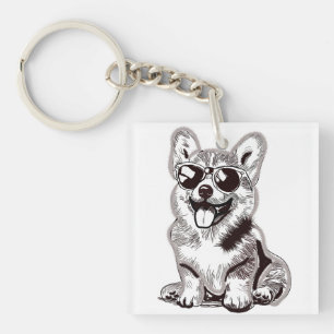 Aangepaste Corgi Puppy met Zonnebril   Schets Kuns Sleutelhanger
