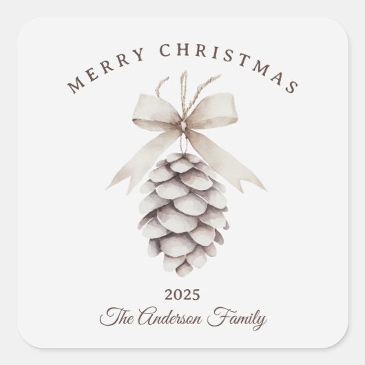 Aangepaste crème witte pinecone kerstcadeau vierkante sticker (Voorkant)