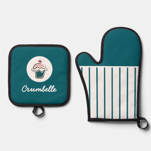 Aangepaste Crisp Gestreepte Cupcake Bakkerij Ovenwant & Pannenlap Set (Voorkant)