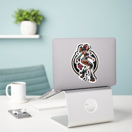 Aangepaste-Cut Vinyl Sticker: Roller Girl Sticker (Laptop op bureau)