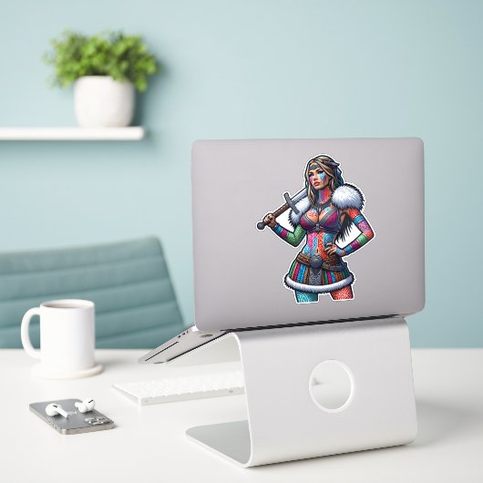 Aangepaste-Cut Vinyl Sticker: Warrior Woman Sticker (Laptop op bureau)