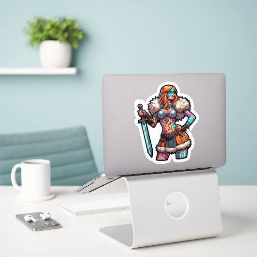 Aangepaste-Cut Vinyl Sticker: Warrior Woman Sticker (Laptop op bureau)