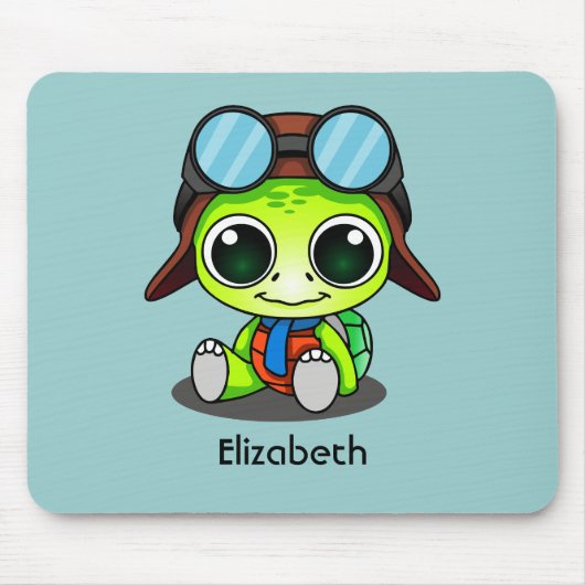 Aangepaste Cute Chibi Turtle in Aviator Pet Muismat (Voorkant)