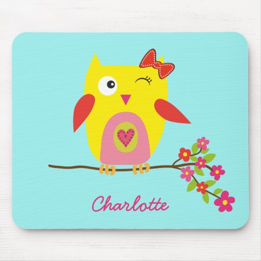 Aangepaste Cute Owl Yellow Pink Illustratie Muismat (Voorkant)
