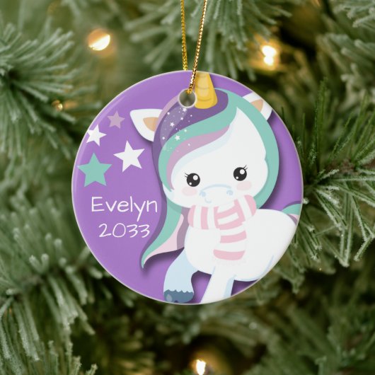 Aangepaste Cute Paarse Unicorn Keramisch Ornament (Boom)