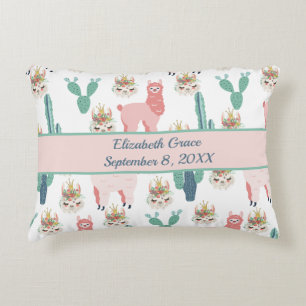 Aangepaste Cute Pink Llama en Green Cactus Accent Kussen