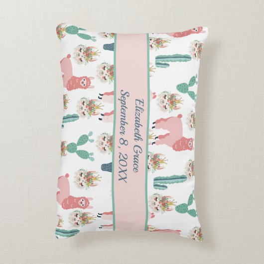 Aangepaste Cute Pink Llama en Green Cactus Accent Kussen (Achterkant (Verticaal))