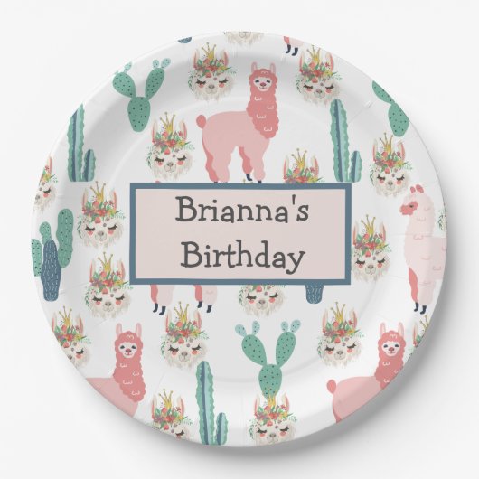 Aangepaste Cute Pink Llama en Green Cactus Papieren Bordje (Voorkant)