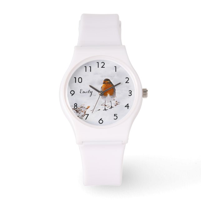 Aangepaste cute Robin vogel in sneeuw met naam Horloge (Voorkant)