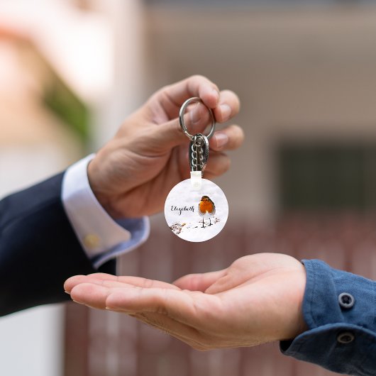 Aangepaste cute Robin vogel in sneeuw met naam Sleutelhanger