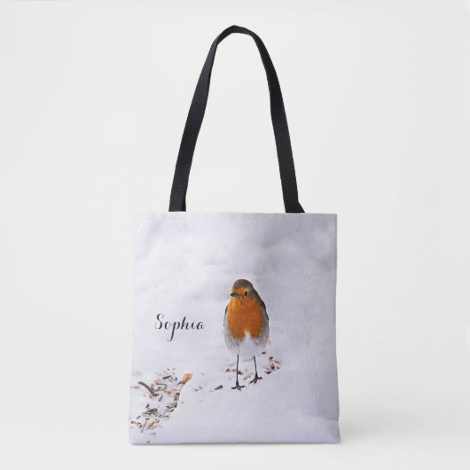Aangepaste cute Robin vogel in sneeuw met naam Tote Bag (Voorkant)