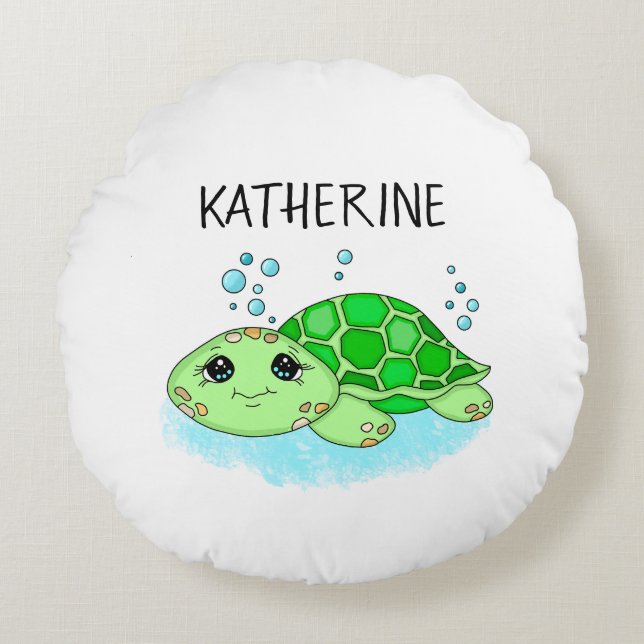 Aangepaste Cute Turtle Cartoon Name Rond Kussen (Voorkant)