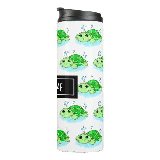 Aangepaste Cute Turtle Cartoon Name Thermosbeker (Geroteerd rechts)