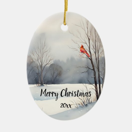 Aangepaste datum Kardinaal Rode Vogel Kerstmis Keramisch Ornament (Voorkant)