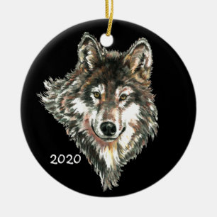 Aangepaste datum of tekst Wolf Head logo kunst Keramisch Ornament