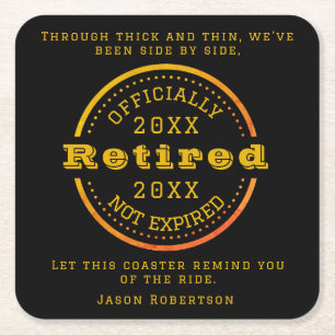 Aangepaste datum pensionering voor bezoekers vierkante kartonnen onderzetter