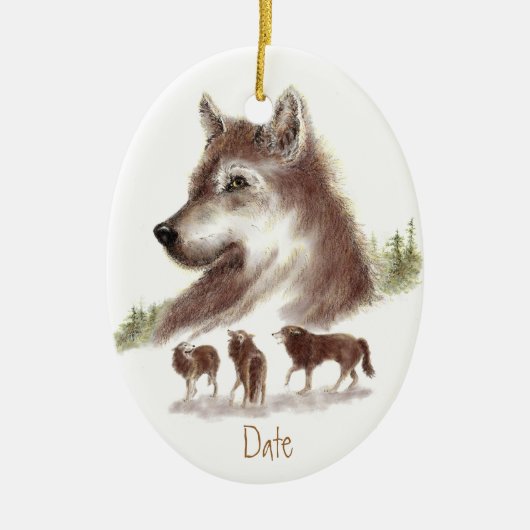 Aangepaste datums, Waterverf Wolven en Wolf Pack Keramisch Ornament (Voorkant)
