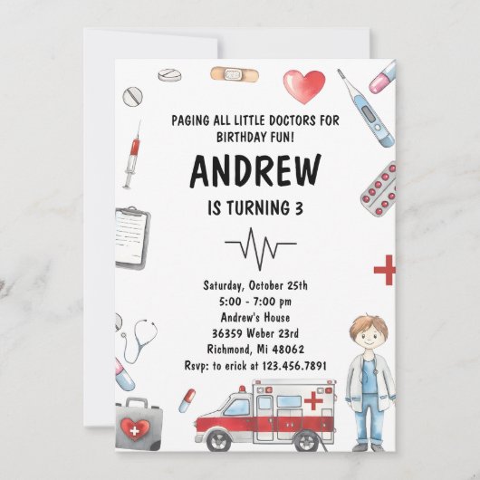 Aangepaste Digitale Kinder Dokter Verjaardagsfeest Kaart (Voorkant)