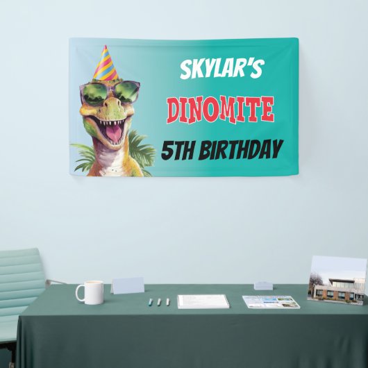 Aangepaste Dinosaur Dinomiet Monogram 5e Verjaarda Spandoek (Beurs)