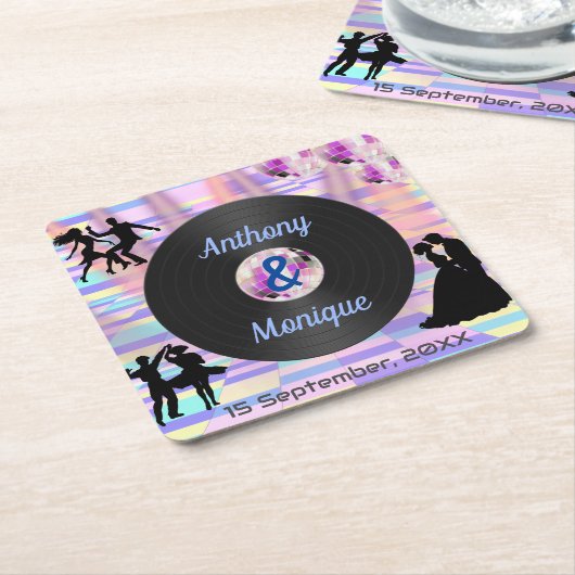 Aangepaste Disco Bruiloft Vierkante Kartonnen Onderzetter (Schuin)