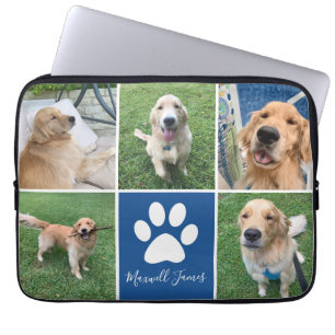 Aangepaste Dog Photo Collage Blue Pet Paw Print Cu Laptop Sleeve