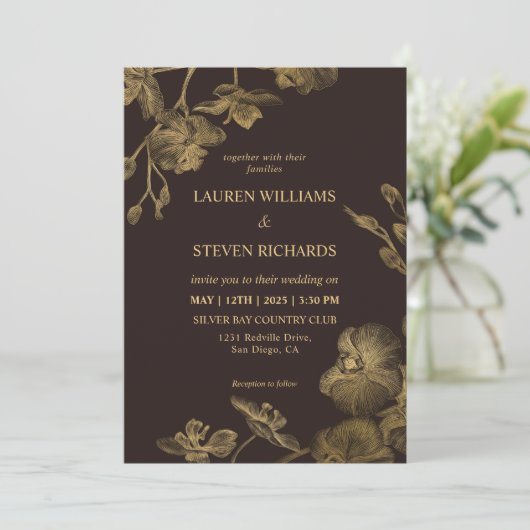 Aangepaste Donkere Chocolade Bruin Gouden Huwelijk Kaart (Staand voorkant)
