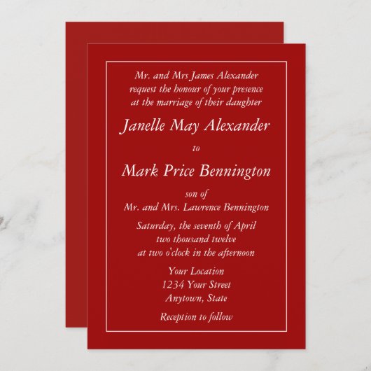 Aangepaste donkerrode uitnodigingen of aankondigin (Voorkant / Achterkant)