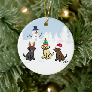 Aangepaste drie labradors en Snowman Keramisch Ornament