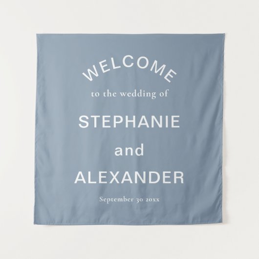 Aangepaste Dusty Blue White Text Welkom bij bruilo Wandkleed (Voorkant)