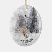 Aangepaste eekhoornvogel Winter Cabin Keramisch Ornament (Rechts)